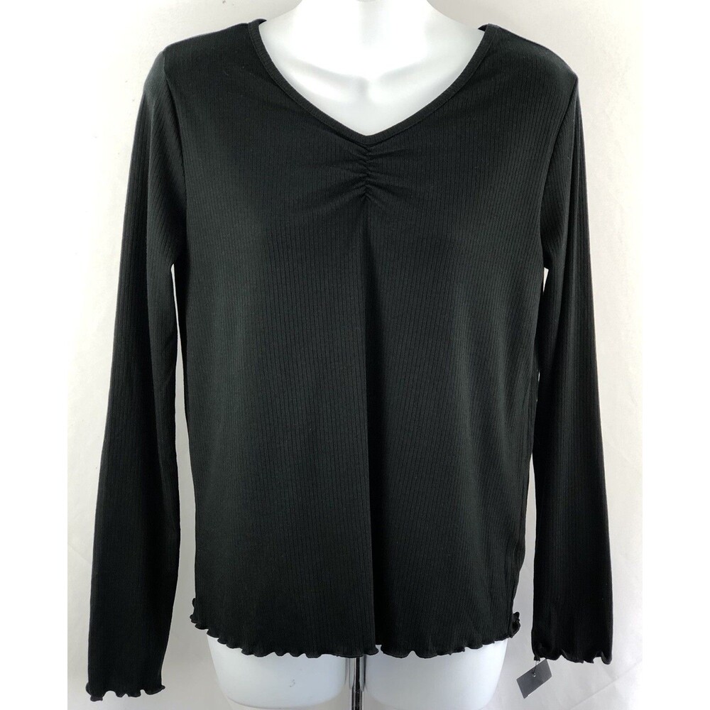 NWT Henley Jersey Top M Blk Ruched V-Neck Lettuce Hem Ribbed Knit Grunge Gothic